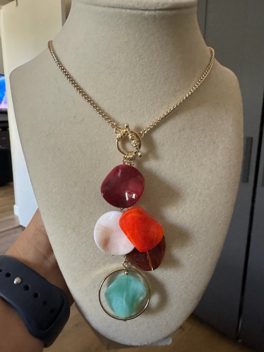 Gold-Tone Multicolor Pendant Necklace with Red, Orange, Pink & Aqua Stones